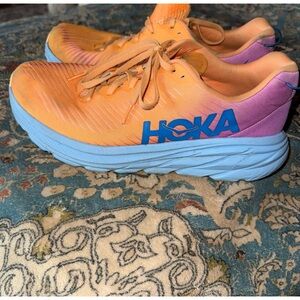 Hoka Orange Pink Gradient Running Shoes with Blue Logo